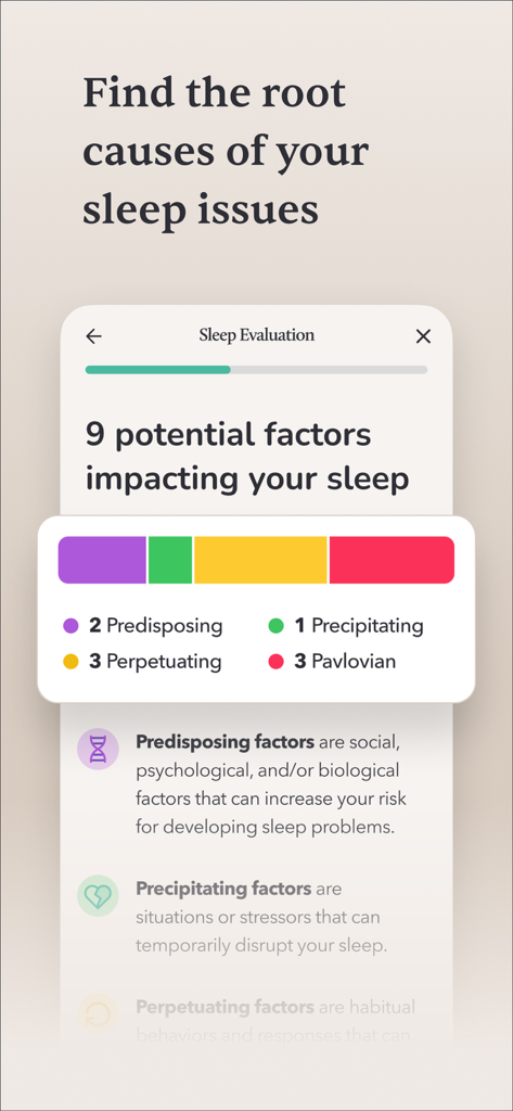 Sleep Reset: CBT for Insomnia - Sleep Reset app screen displaying a personalized evaluation of nine factors impacting sleep health