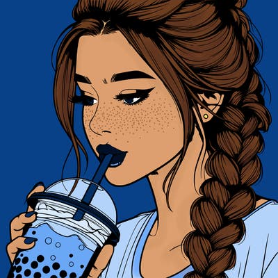 realistic girl drinking boba tea with braided hair