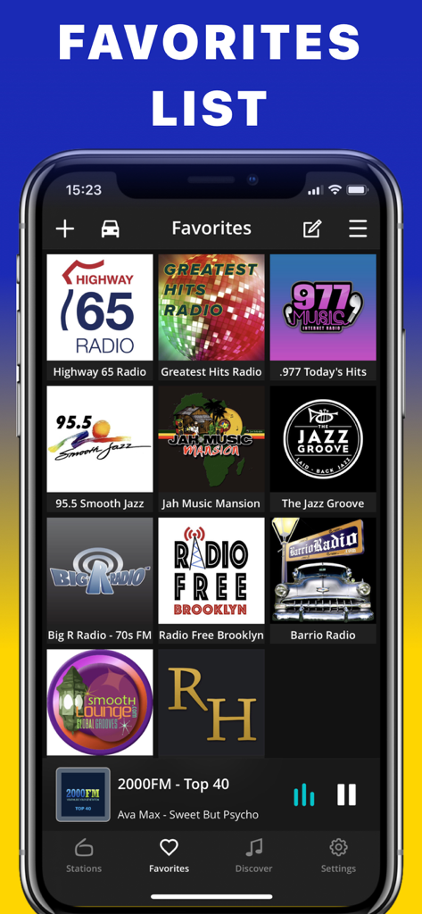 Interface de l'application FM Radio Tuner montrant une grille de stations de radio préférées sur un iPhone.