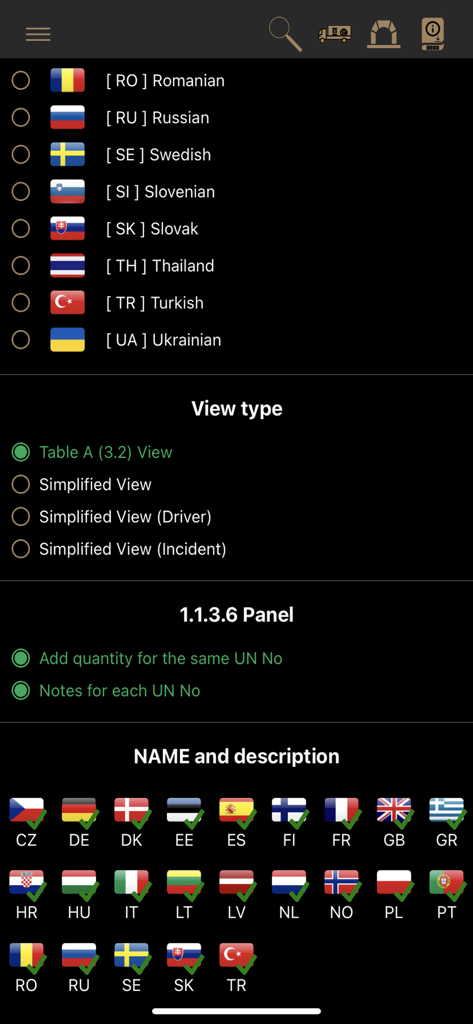 ADR Tool 2023 Dangerous Goods - Écran des paramètres de l'application ADR Tool 2023 affichant les options de langue et les types de vue réglementaire.