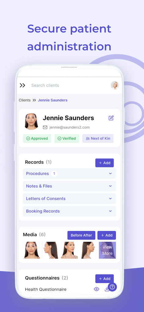MERIDIQ - MERIDIQアプリのデジタル患者プロファイル、クライアントの詳細、病歴、治療写真が表示されています