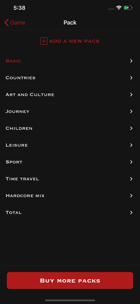 Spy - Une liste de packs thématiques disponibles dans le jeu de fête Spy, y compris les catégories Pays, Art et Sport