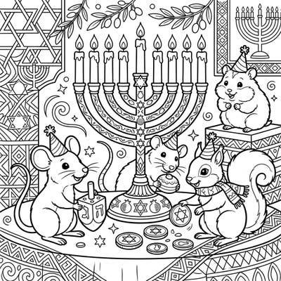 Get ready for a heartwarming Hanukkah celebration with our charming rodent friends! This delightful coloring page features playful mice, a sweet hamster, and a cheerful squirrel enjoying the festive traditions of the Festival of Lights.
