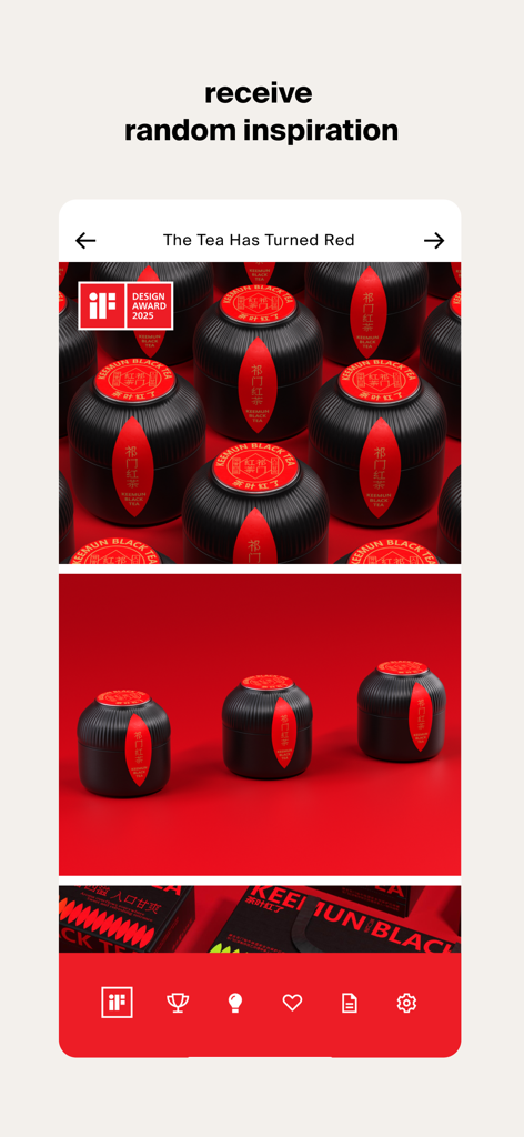 A screenshot of the iF Daily Design app showcasing award winning black tea packaging as a source of design inspiration.