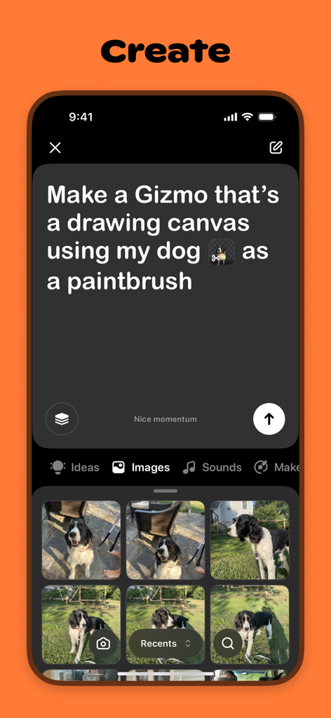Gizmo: Make Gizmos - Gizmo app creation interface showing a text prompt to make a drawing canvas from dog photos