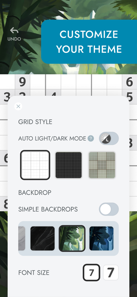 A menu in the Sudoku app showing options to customize grid style backdrop and font size