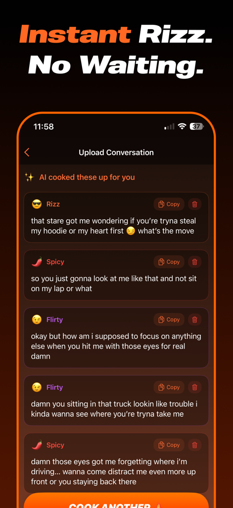 Flirt AI - Rizzmax Wizard - Respuestas de flirteo generadas por IA con diferentes opciones de tono en la aplicación Flirt AI