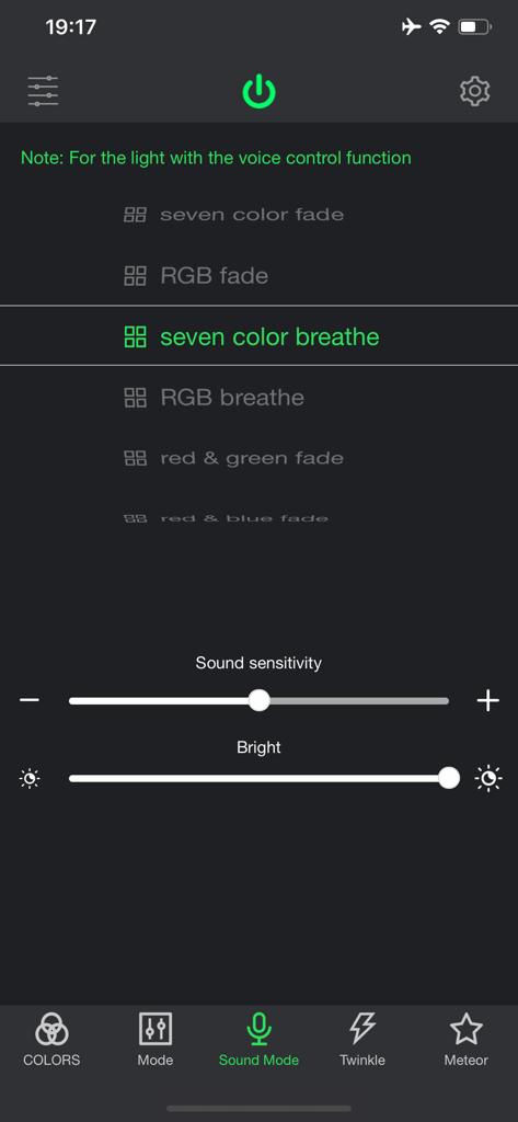 My smartLED - Interface of the My smartLED app showing sound mode settings for voice controlled LED lights