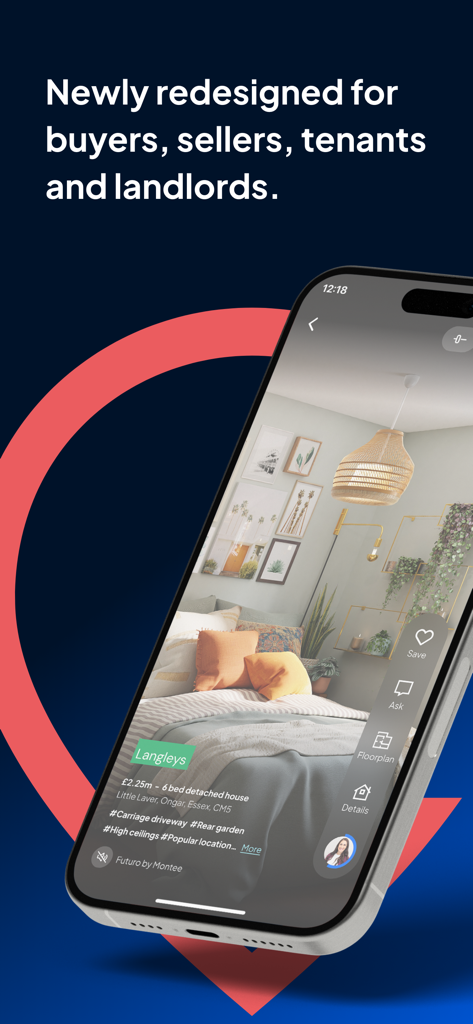 OnTheMarket Property Search - Smartphone screen showing the OnTheMarket app property listing with a modern bedroom