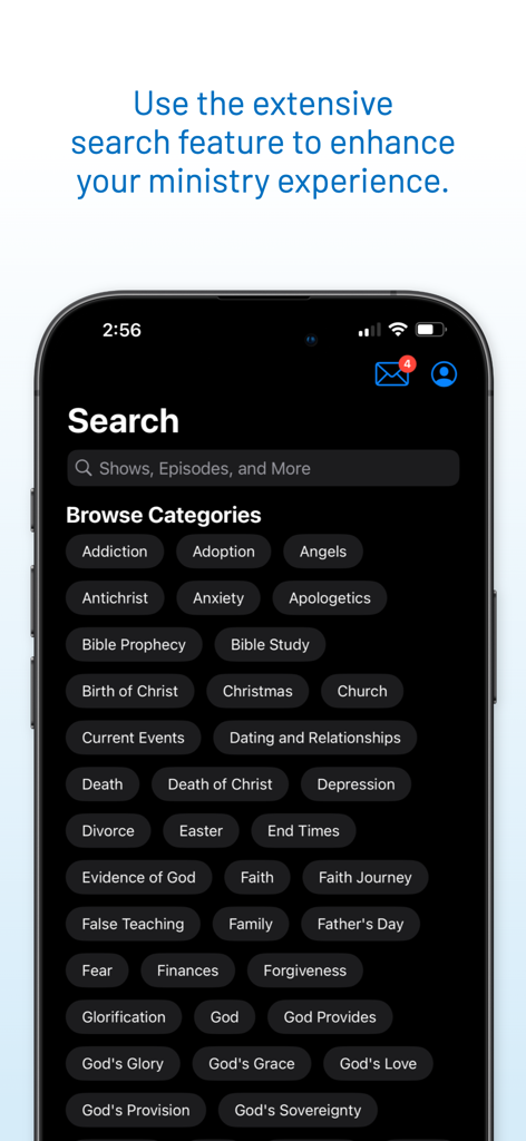 Search screen of the OnePlace Christian Podcasts app showing various browse categories like Bible Study, Faith, and Family.