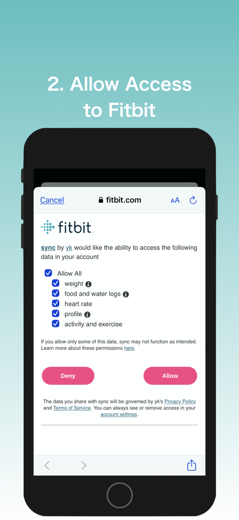 Captura de pantalla que muestra el paso para permitir el acceso a datos de Fitbit, incluyendo peso, frecuencia cardíaca y registros de actividad