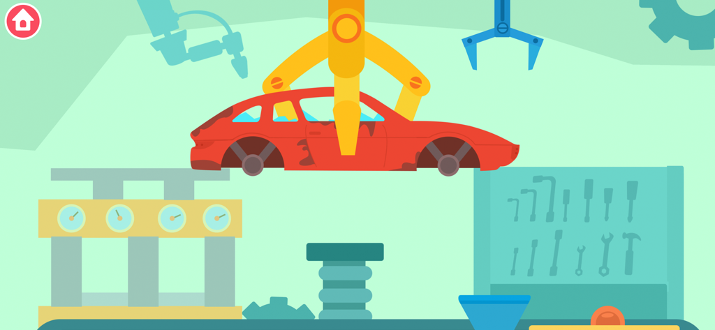 Une grue mécanique jaune de dessin animé soulevant une voiture rouge dans une installation de recyclage avec des outils d'atelier en arrière-plan