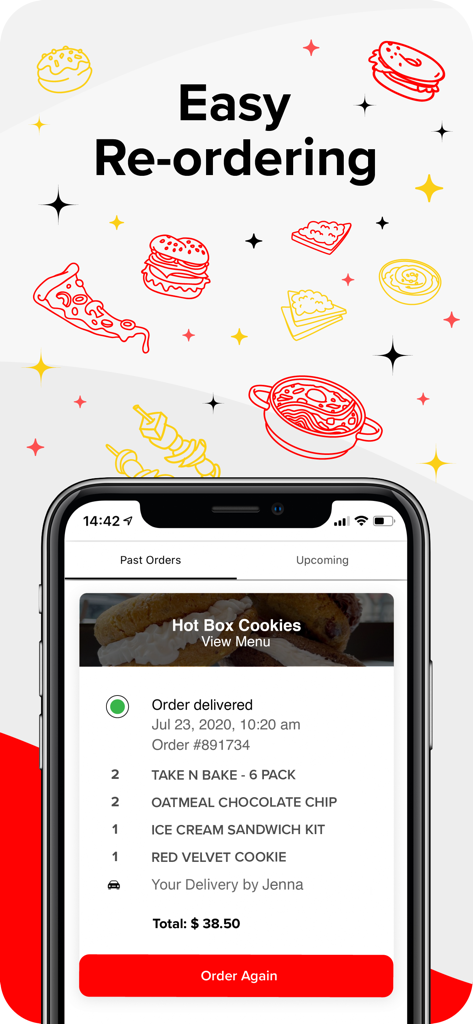 Smartphone screen displaying the easy re-ordering feature for a cookie shop on the Gofadis food delivery app