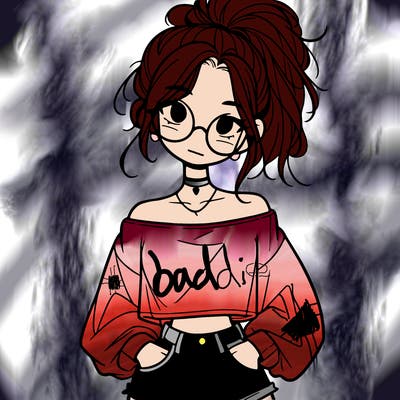 girl with a messy ponytail glasses a baggy crop top and jean shorts