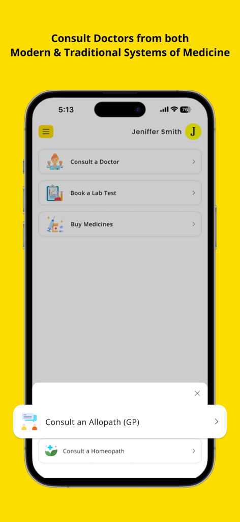 Welcome Cure Holistic Health - Smartphone-Bildschirm der Welcome Cure App, der Optionen zur Buchung von Konsultationen mit allopathischen und homöopathischen Ärzten anzeigt
