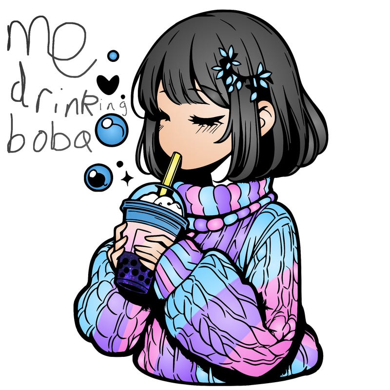 manga girl drinking boba in cozy sweater