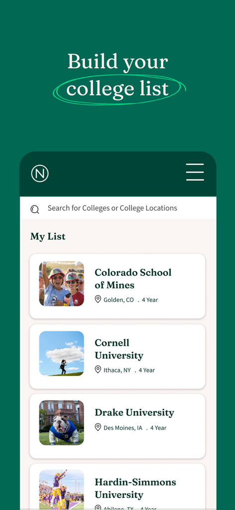 Interface of the Niche app showing a personalized college list with schools like Cornell and Colorado School of Mines.