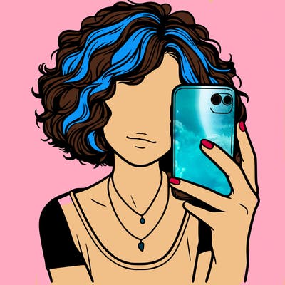 realistic girl with short frizzy hair holding a phone in front of her face
