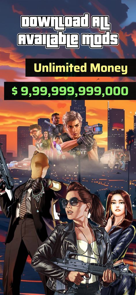 Maps & Mods for Gta 5 - GTA 5 mods app screen featuring an unlimited money cheat and game characters