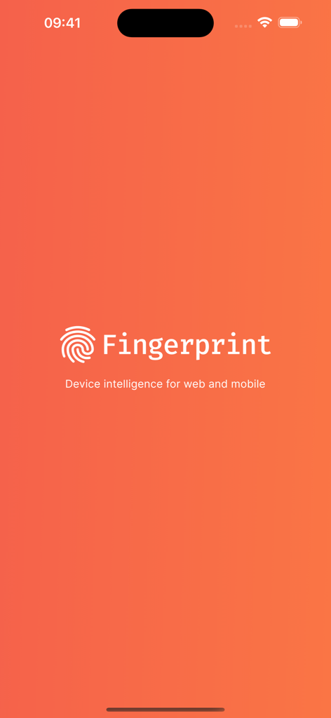 Splash screen of the Fingerprint Pro app showing the logo and the tagline Device intelligence for web and mobile.