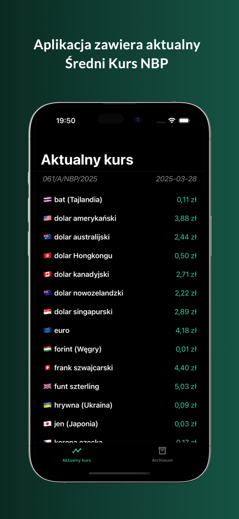 Pantalla de la aplicación móvil que muestra una lista de los tipos de cambio actuales del Banco Nacional de Polonia frente al zloty polaco