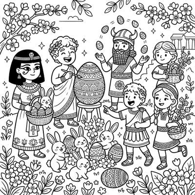 Journey back in time for an unforgettable Easter with this charming coloring page, featuring kids dressed in ancient cultural attire. They're joyfully decorating Easter eggs and playing amidst spring blossoms and cute bunnies.