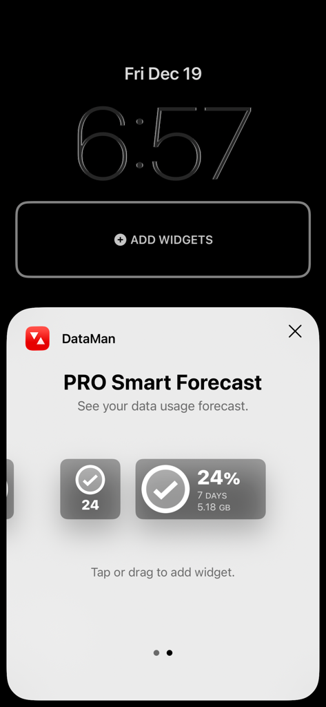 DataMan - Data Usage Widget - DataMan PRO Smart Forecast widget selection screen on an iPhone