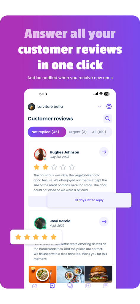 Interface of the Malou app showing how restaurant owners can manage and answer customer reviews in one click