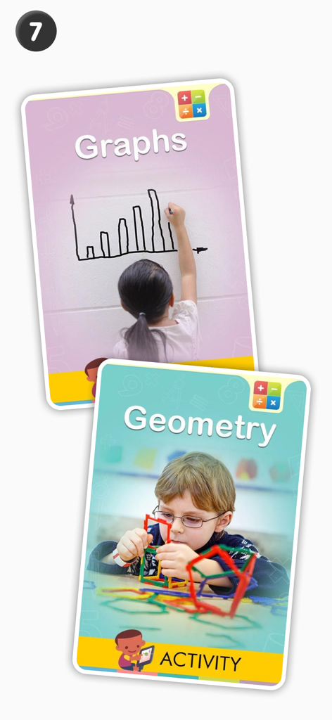 Educational activity cards for learning graphs and geometry in the Math Addition and Subtraction app.