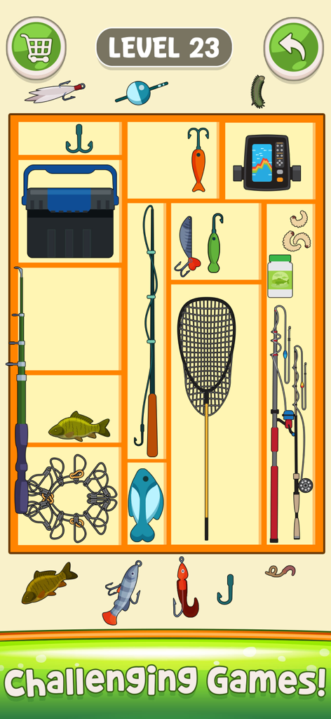 Little Organizer: Find & Sort - Organizando equipamento de pesca em um nível de quebra-cabeça do Little Organizer