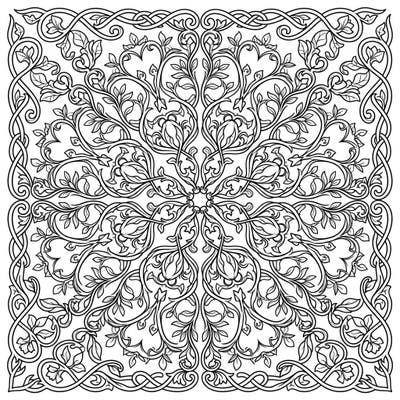 Delve into the enchanting world of nature-inspired patterns with this intricate Vine & Tendril Mandala coloring page. Its detailed design offers a meditative escape, perfect for adult colorists seeking a creative challenge.