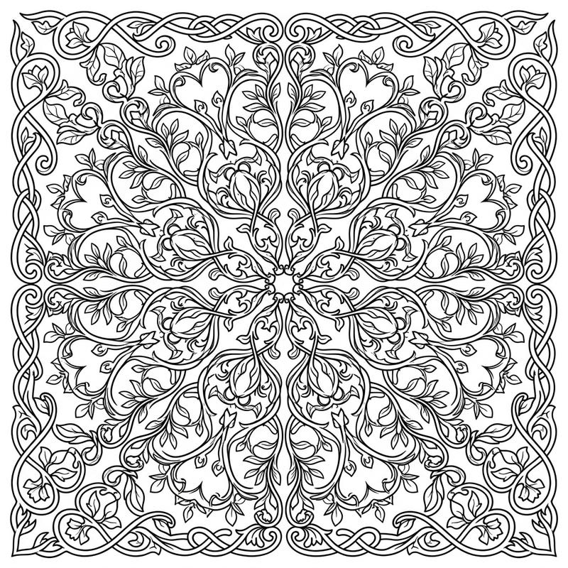 Delve into the enchanting world of nature-inspired patterns with this intricate Vine & Tendril Mandala coloring page. Its detailed design offers a meditative escape, perfect for adult colorists seeking a creative challenge.