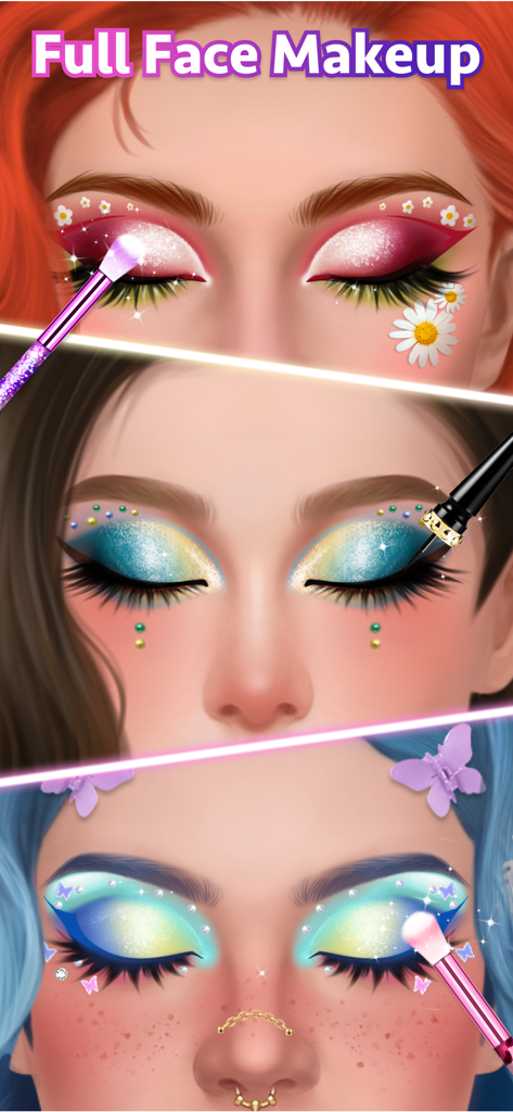 Makeover Artist-Makeup Games - Makeover Artistゲームの3つのクリエイティブなアイメイクのルック（異なるテーマと色）。