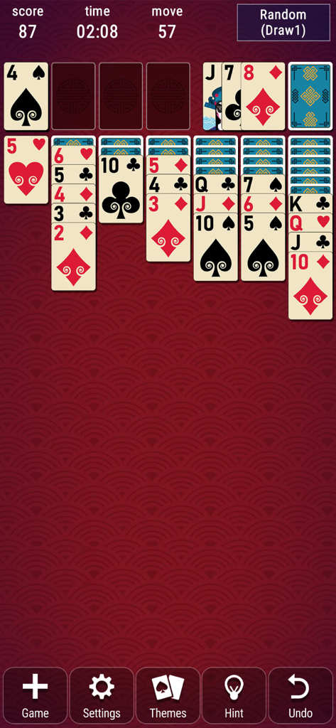 Gameplay screen of Classic Solitaire Patience showing a Klondike card game in progress on a red patterned background
