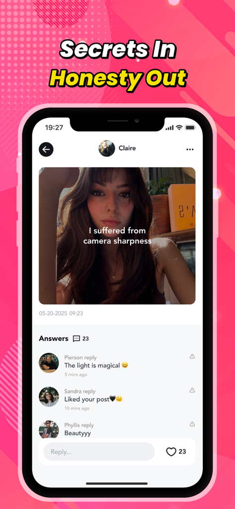 Mellow app interface showing a user post with real-time comments and an honesty-focused slogan