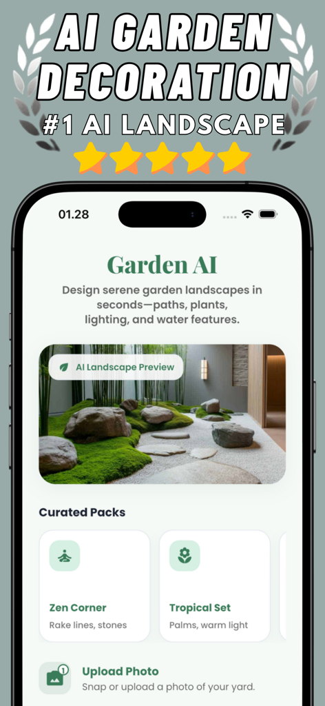 AI Garden Decoration Landscape - Interface of the AI Garden Decoration app featuring a Zen garden preview and design options