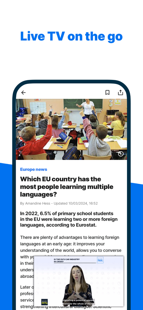 Euronews: World news & live TV - Aplicación móvil Euronews que muestra un artículo de noticias con un reproductor de video de TV en vivo en imagen dentro de imagen