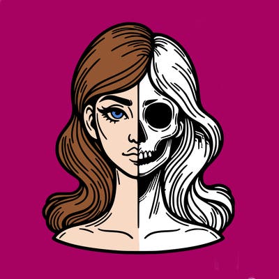 bust of a woman, half face and hair, half skull