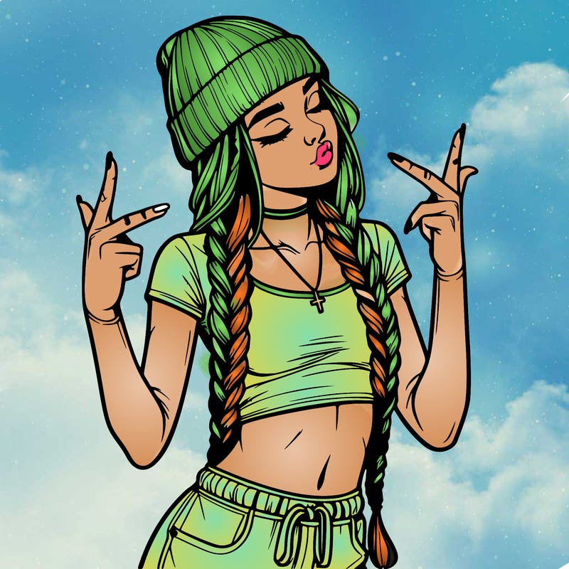 realistic teenage girl with braids and a beanie and crop top doing 🫶🏼