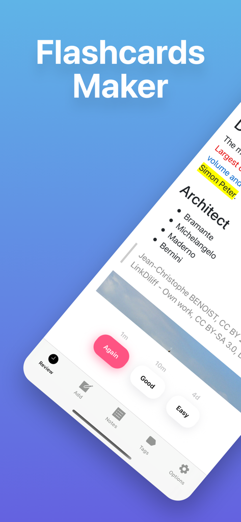 Flash Cards - Flashcards Maker - Interface do app Criador de Flashcards mostrando um cartão de estudo com botões de revisão de repetição espaçada