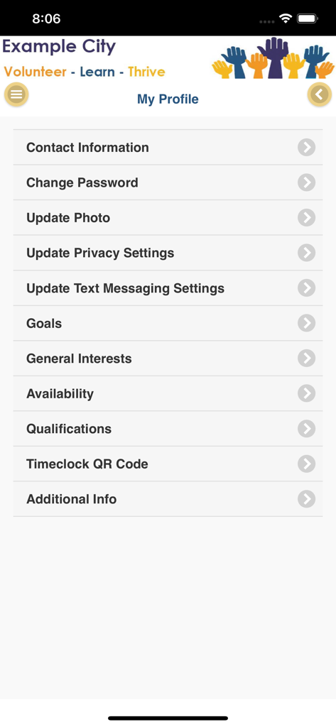 A screenshot of the My Profile screen in the My Impact app showing various account settings and volunteer options.