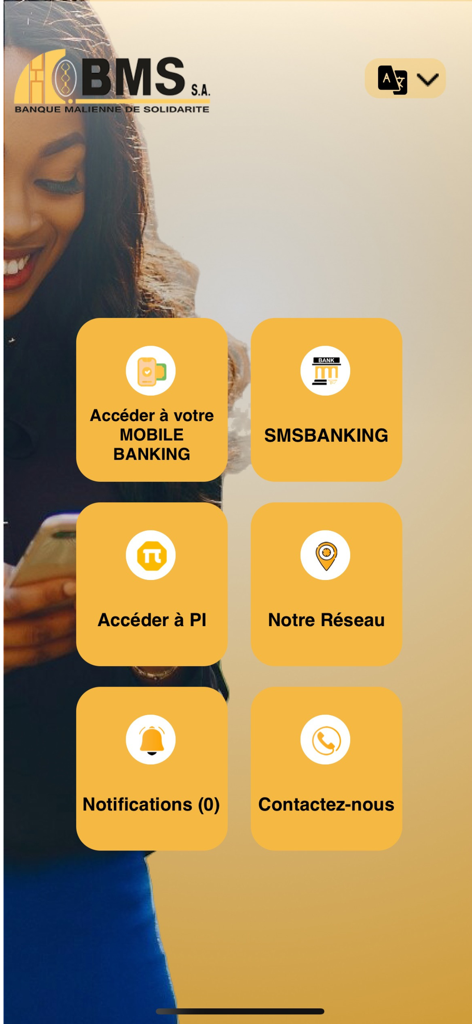 Home screen of the BMSKIBARU mobile banking app featuring various service icons like mobile banking and sms banking