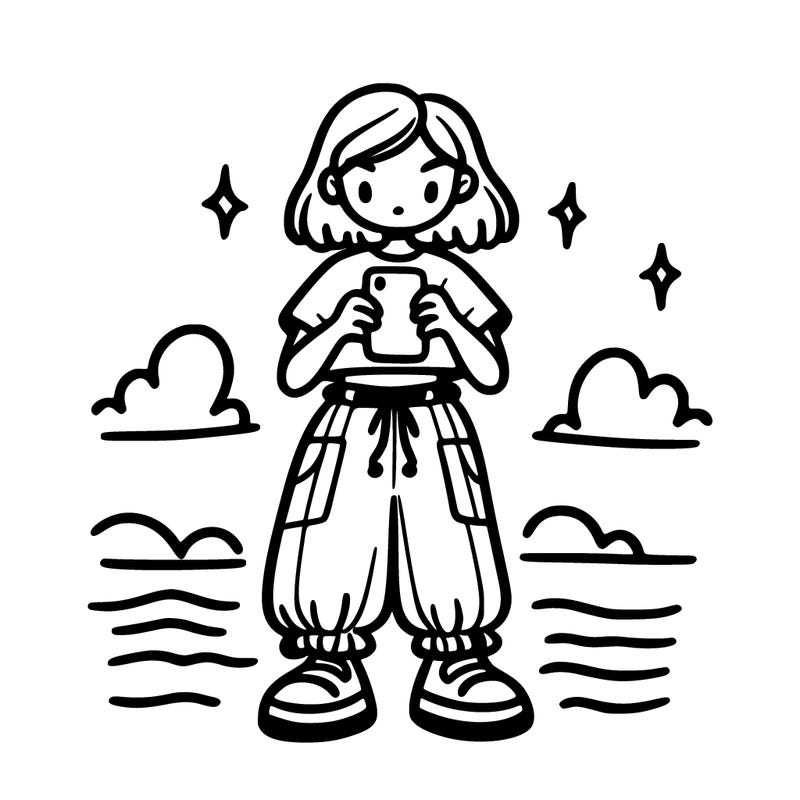 girl holding her phone with baggy pants and crop top