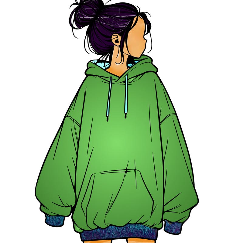 realistic girl with a oversized sweatshirt on and a bun