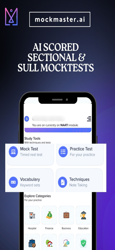 Dashboard dell'app Mockmaster.ai con test simulati parziali e completi con punteggio IA per esami di competenza linguistica inglese.