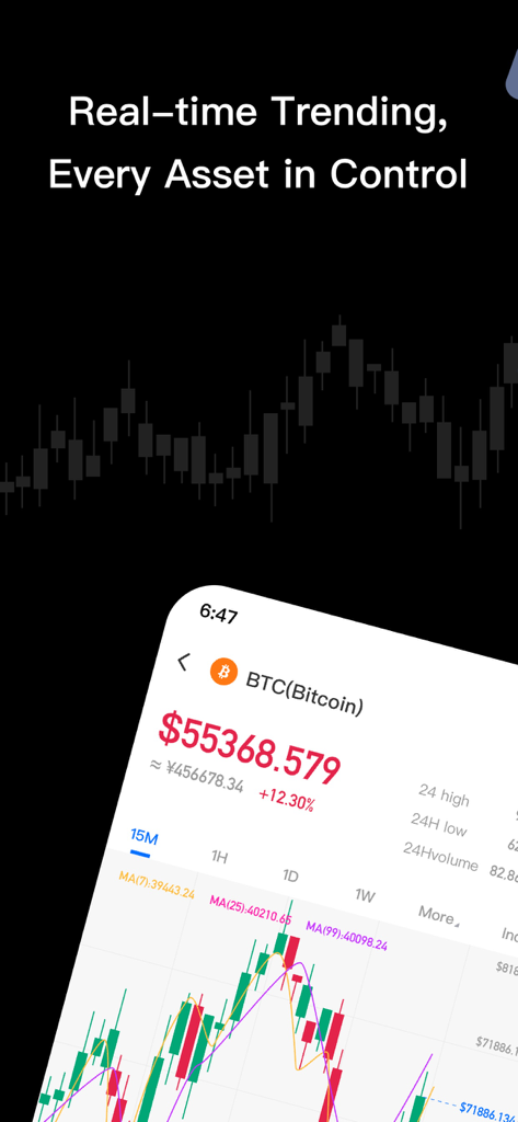 HPX app screenshot showing a real-time Bitcoin price chart and market trends