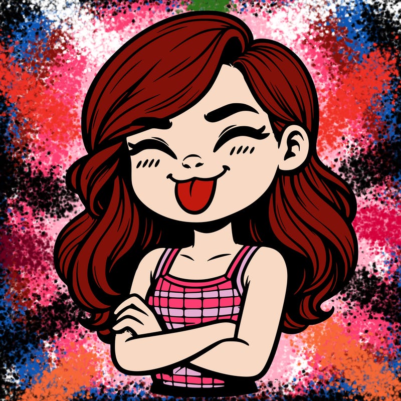 realistic girl crossing her arms and wearing a tank top with her tongue held out she has long hair