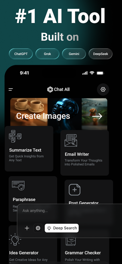 ChatAll : Ask AI Anything 5.4 - La interfaz de la aplicación ChatAll que muestra un panel con funciones para la generación de imágenes de IA, resumen de texto y redacción de correos electrónicos.