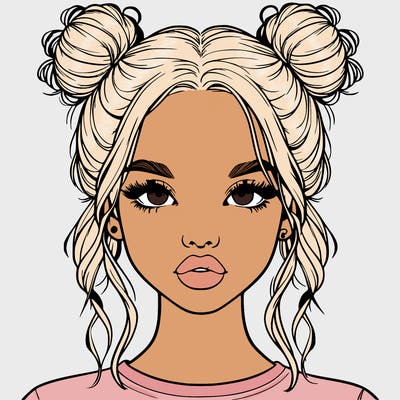 realistic girl with two buns in hair and lips