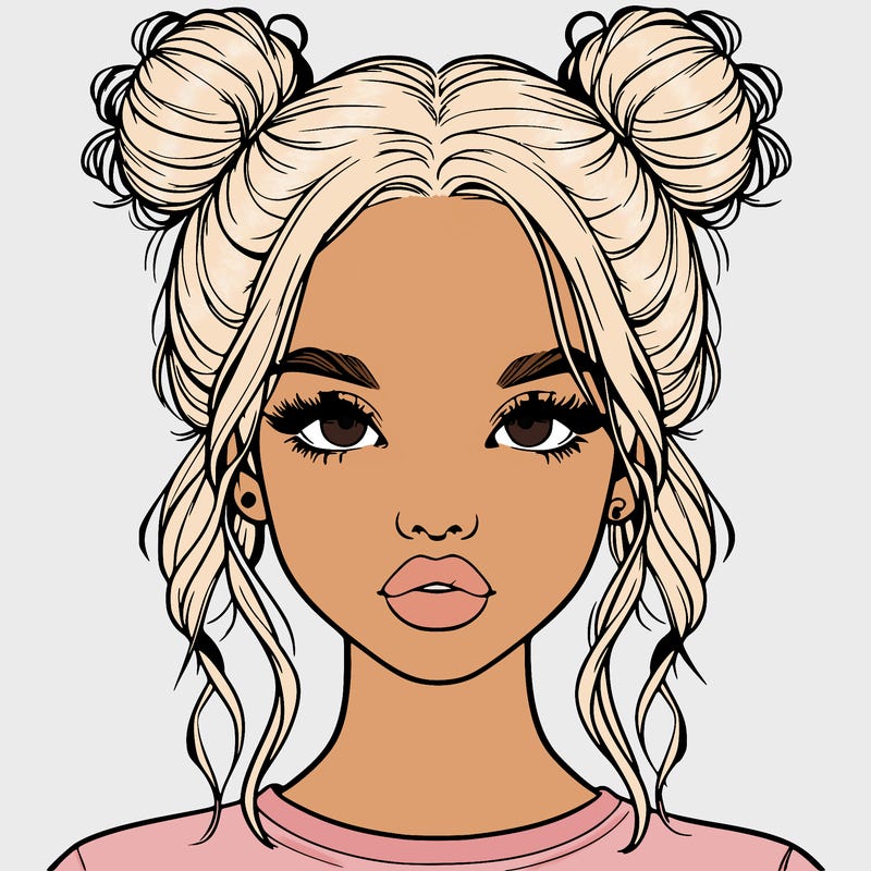 realistic girl with two buns in hair and lips